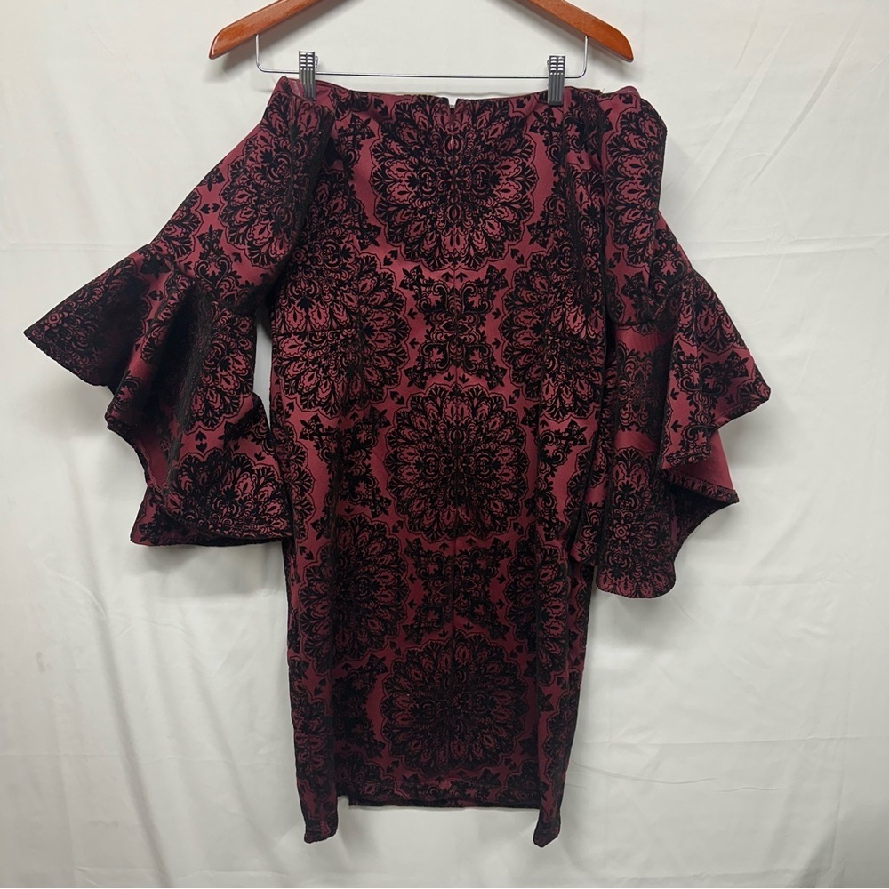 VENUS Burgundy Flocked Velvet Off-Shoulder Dress Size 14 - Picture 3 of 7